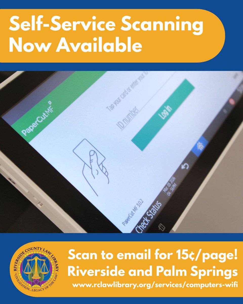 rclawlib's tweet photo. Self-service scanning to email is now available at our Riverside and Palm Springs branches at the affordable rate of $0.15 per page. See our website for more information on our copying and printing amenities: https://t.co/fNrE8yCbVI https://t.co/QEcZaDC3tP