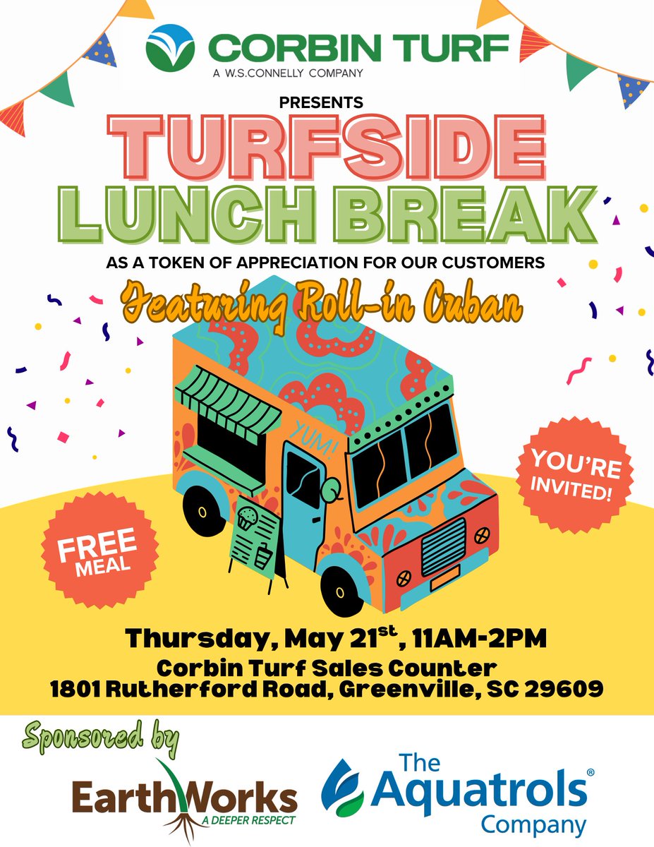 Corbin_Turf's tweet photo. Stop by the Sales Counter on Thursday, May 21st anytime between 11 AM – 2 PM for lunch on us. The event is tented so it's on rain or shine!
A big thank you to The Aquatrols Company &amp; EarthWorks for helping make this event possible!
#LunchOnUs #ThankYou #Aquatrols #EarthWorks https://t.co/QDBFpFBl76