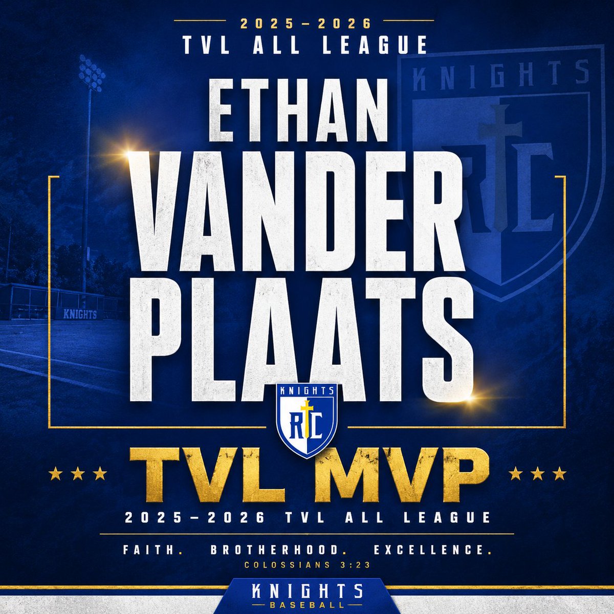 RCKnightsBsb's tweet photo. 025-2026 TVL MVP ⚾️
Proud of Ethan Vander Plaats for the way he competes, leads, and represents Ripon Christian Baseball.
A great player. An even better young man.
“Whatever you do, work at it with all your heart.” — Colossians 3:23
#RCBaseball https://t.co/E01sOW9rgq