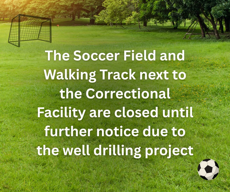 MonroeCountyPA's tweet photo. Unscheduled Closure: The Soccer Field and Walking Track next to the Correctional Facility are closed until further notice due to the well drilling project. Any questions please call (570) 517-3102 https://t.co/WJEjXMpqOA