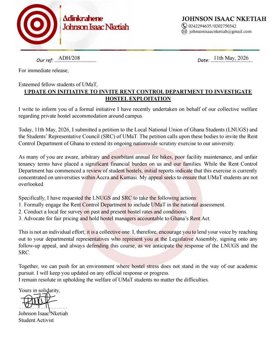 UMaTInsider's tweet photo. UMaT student activist raises alarm over hostel exploitation in Tarkwa 👀

Johnson Isaac Nketiah has officially petitioned the SRC and LNUGS to invite Ghana’s Rent Control Department to investigate rising hostel charges and poor living conditions around UMaT.
#ReduceHostelFees https://t.co/08PJw4YVnp