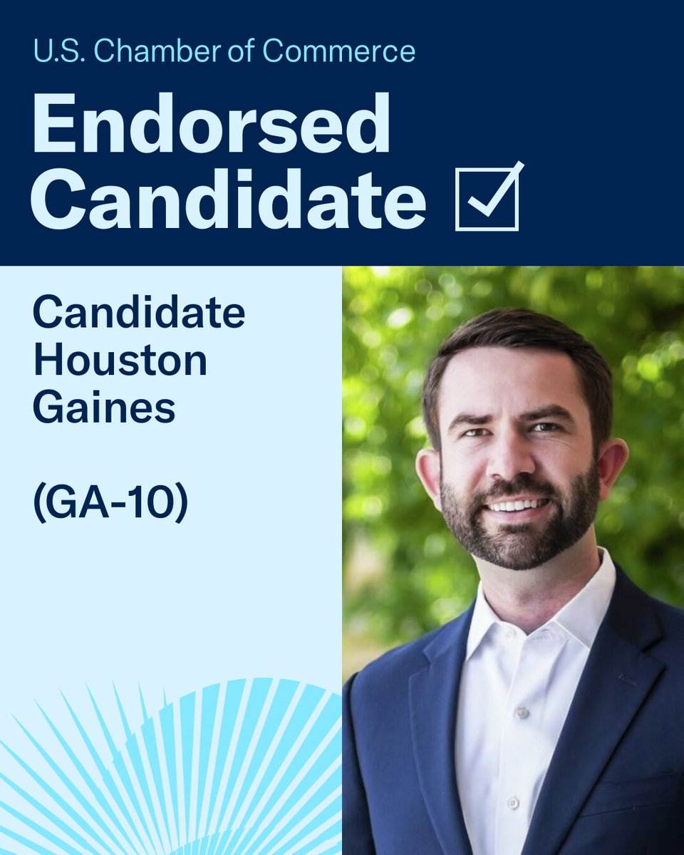 USChamberAction's tweet photo. The @uschamber endorses @houstongaines in #GA10.

Read more: https://t.co/3xcDKfBnT9 https://t.co/Kv5AjAQyVl