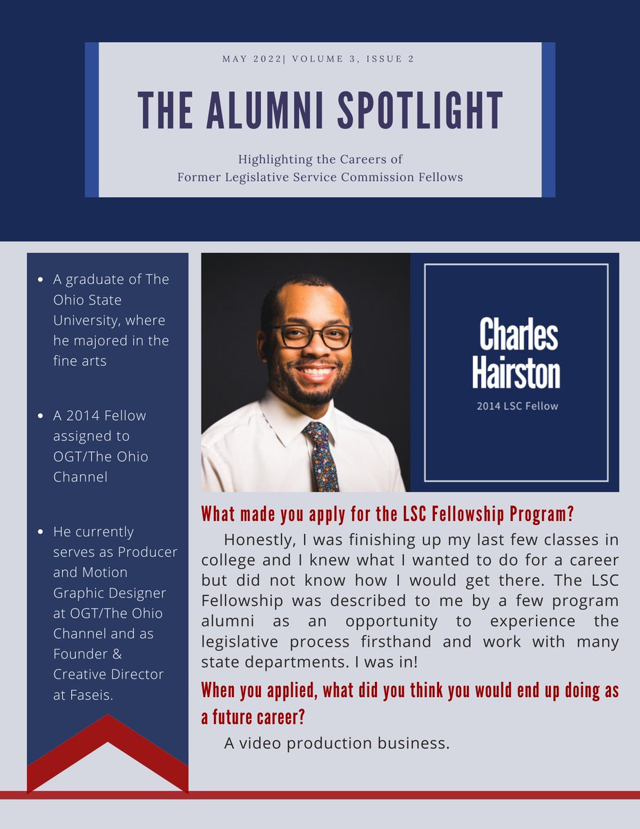 OLSCFellowship's tweet photo. Happy #MondayMemories! Charles Hairston was a 2014 Fellow assigned to OGT/The Ohio Channel. He graduated from Ohio State University with a bachelor’s degree in Fine Arts. #lscfellowship #alumnispotlight #publicservice #ohio #stategovernment https://t.co/EpwX5ZPVk5