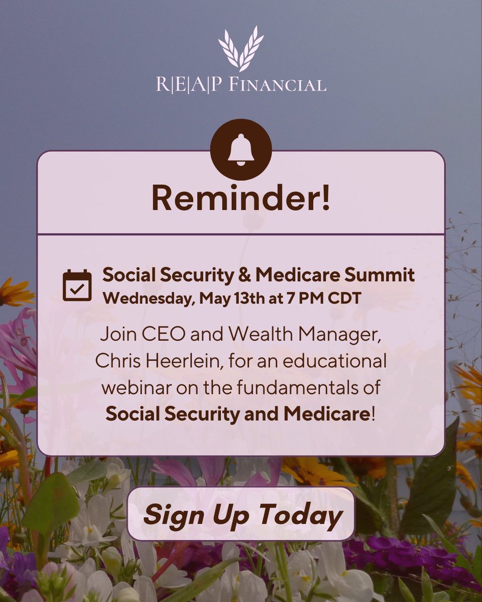 REAPFinancial's tweet photo. Don’t leave your retirement to chance.
Join REAP Financial’s CEO, Chris Heerlein, for a webinar on Social Security and Medicare fundamentals.
📅 Wednesday, May 13th
🕖 7:00 PM CDT
Register now!
https://t.co/N1ZAL8VEGJ
#SocialSecurity #Medicare #FinanceTips #REAPFinancial https://t.co/hqZ0v06D6L