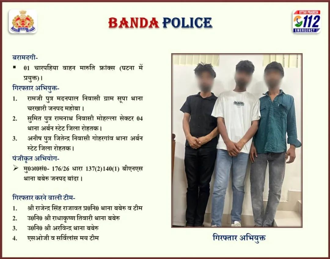 bandapolice's tweet photo. #bandapolice थाना बबेरु व एसओजी की संयुक्त पुलिस टीम द्वारा 10 वर्षीय बच्चे का फिरौती हेतु अपहरण करने वाले उसके सगे मामा व अन्य दो साथियों को गिरफ्तार करते हुए बच्चे को सकुशल रोहतक (हरियाणा) से किया गया बरामद तथा घटना में प्रयुक्त चारपहिया वाहन बरामद ।
#पलाश_बंसल 
#UPPolice https://t.co/8ZKW5xaE2V