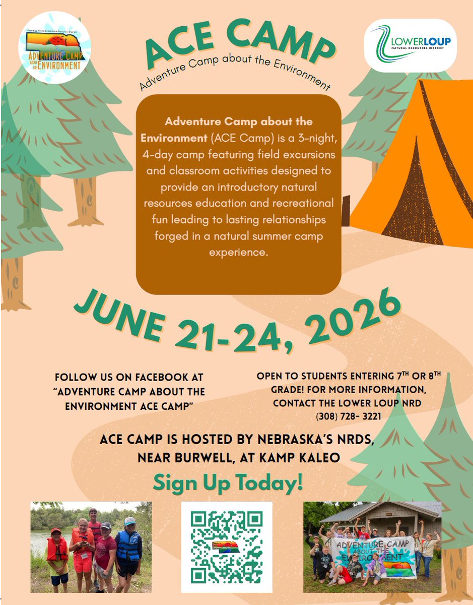 LowerLoupNRD's tweet photo. ACE Camp is a 4-day, 3-night summer camp hosted by Nebraska's NRDs at Kamp Kaleo. Contact the Lower Loup NRD at (308) 728-3221 with questions (or contact your local NRD). Follow the QR code to register by June 1! https://t.co/o2SReHoyNB