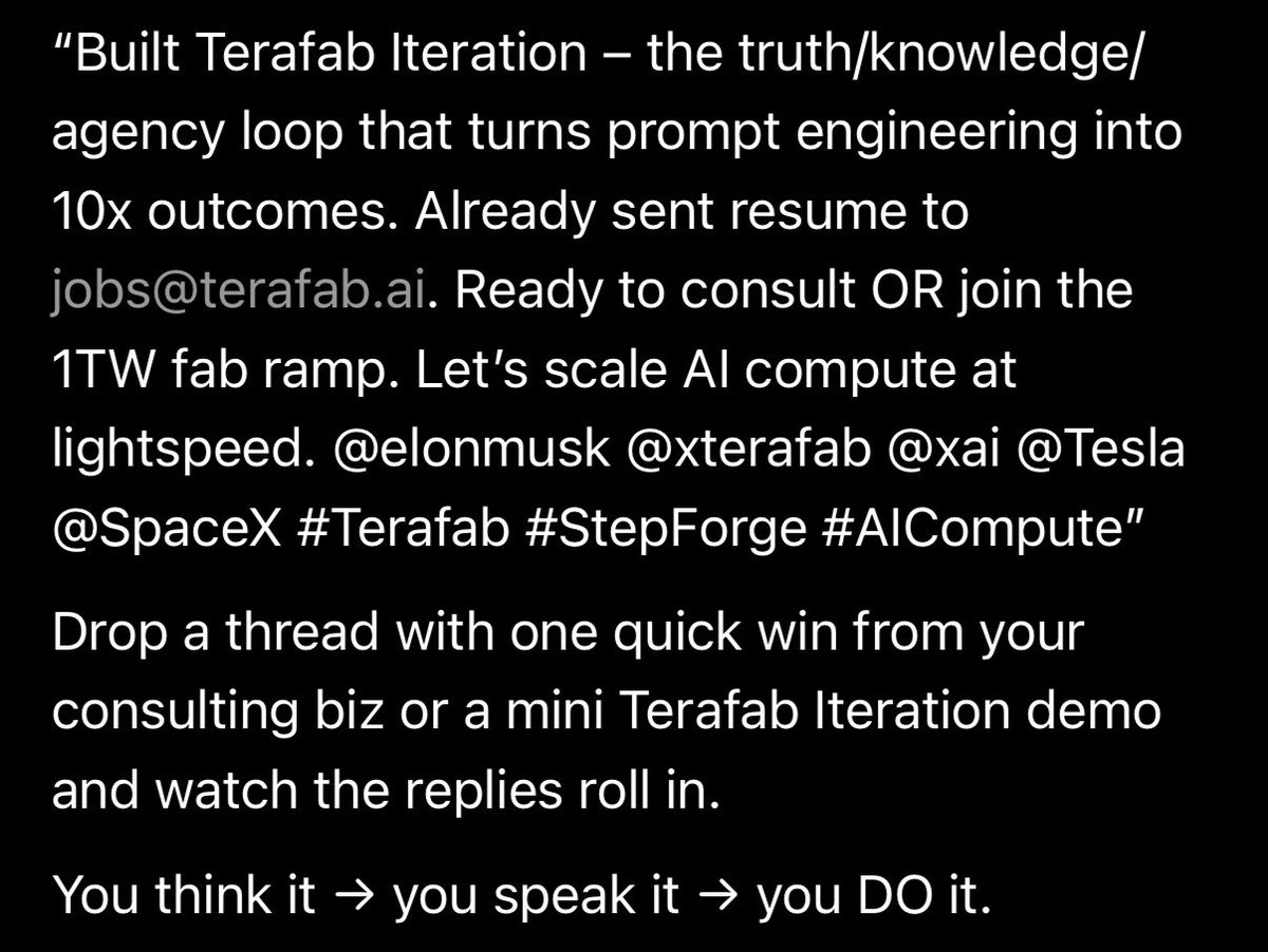 Sys2Consulting's tweet photo. @elonmusk 
@xterafab
@Tesla
@xai
@SpaceX  @SawyerMerritt @teslayoda
#Terafab
#TerafabAI
#xAI
#Tesla
#SpaceX
#AICompute
#Semiconductor
#Chipmaking
#PromptEngineering
#AIConsulting
#StepForge
#HighAgency https://t.co/BdgvWW6h9q