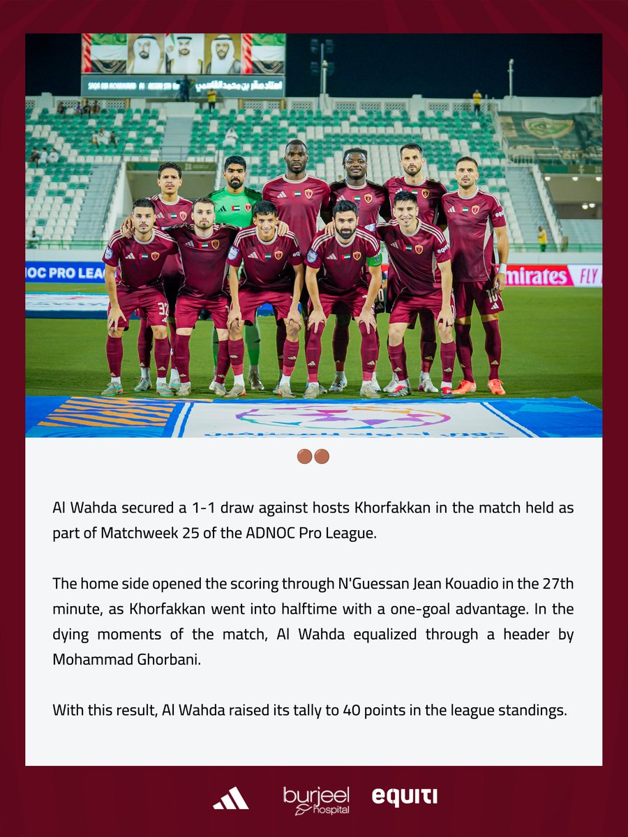 AlWahdaFCC's tweet photo. Al Wahda Draws with Khorfakkan (1-1).
#WHDFC https://t.co/ovM6bdNC1V