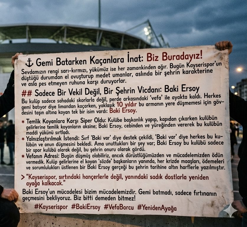 volkancolaktr's tweet photo. Bugün düştüğümüz yerden kalkarız ama yapılan ihanetleri de, Baki Ersoy’un aslanlar gibi verdiği mücadeleyi de asla unutmayız! 🟡🔴
#Kayserispor #BakiErsoy #Vefa #Kayseri #AslaPesEtme https://t.co/yh93JS0iJJ