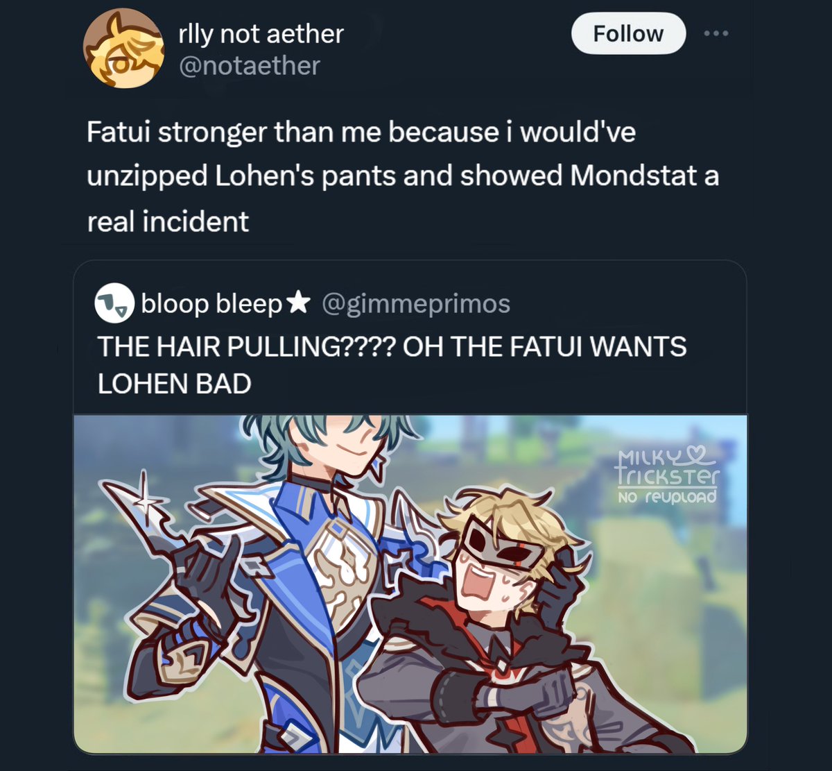 Lohen's hair pulling burst has done irreversible damage to me
 
#Genshinimpact #Lohen
