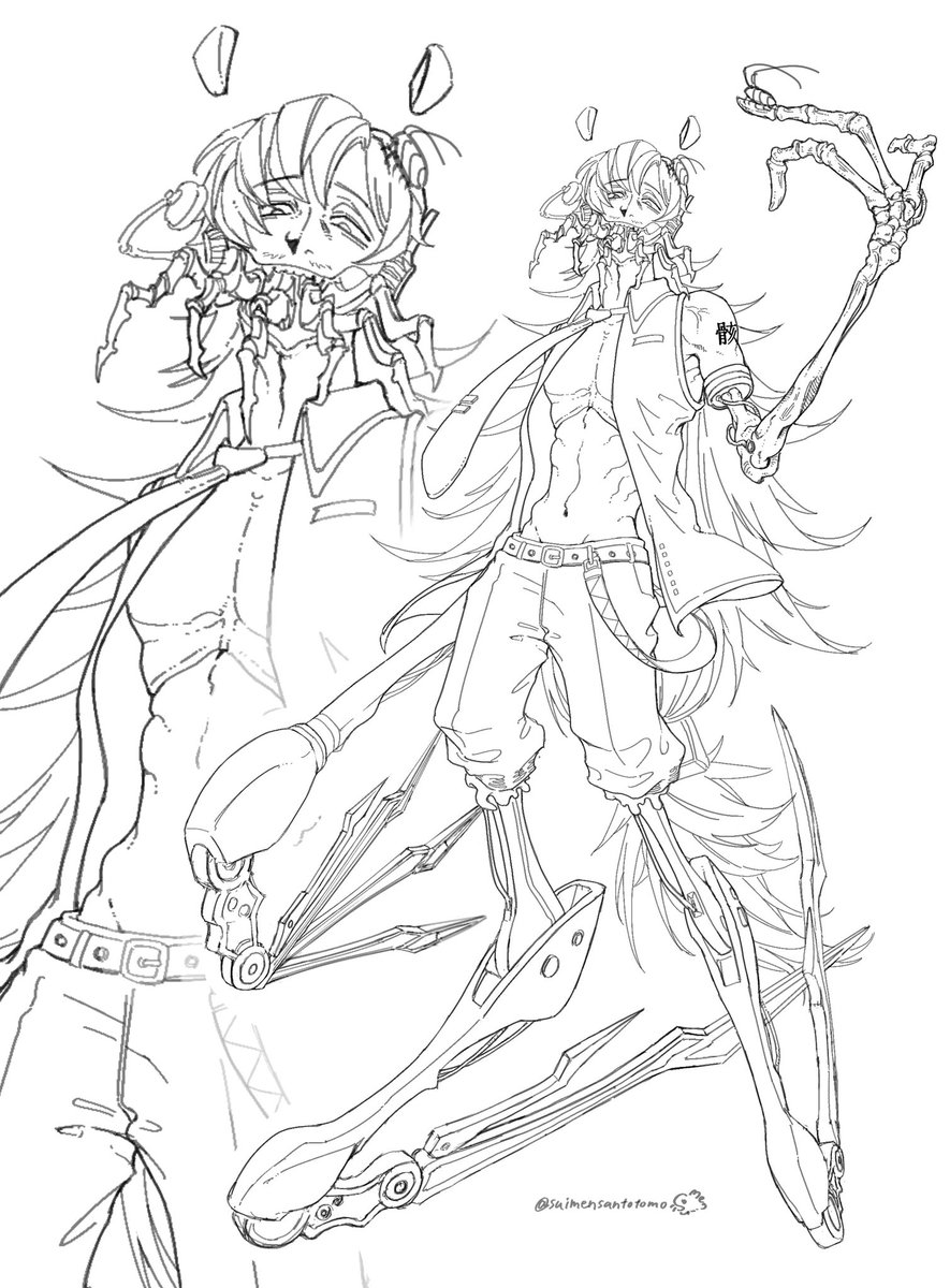 骸音シーエおじがなんでいねぇんだって言ってたな、１ヶ月前のおれ！！！！！！！すっっごい描くの大変だからだわ!!!!!!!!!!

資料見まくっても、パーツが一体どうなってんのか分からん!!!!!なんだ本家シーエのデザイン!!!!!変態か!!!!!好きだけど!!!!!!!

もー誰か塗って……
 #ミクおじ #骸音シーエ