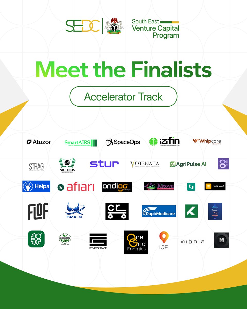 SEVCP_SEDC's tweet photo. Introducing the finalists.

Following a rigorous, multi-stage evaluation process, we are pleased to present the startups advancing to the final stage of the South East Pitch Competition across both tracks.

The work continues.

#SEVCP #SEDC #SEV2050 #RenewedHopeAgenda #Startups https://t.co/djvVzMSVGs