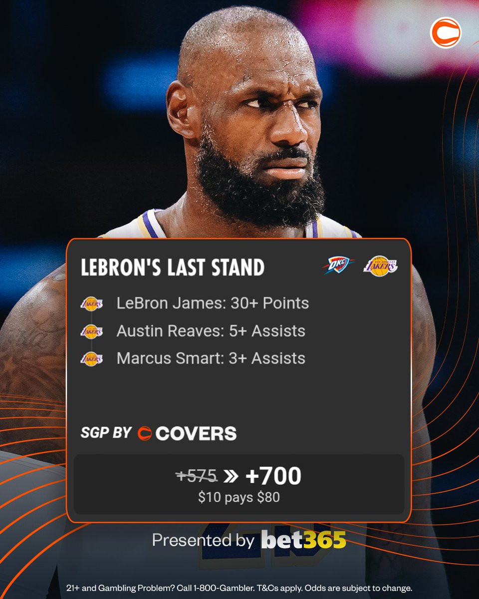 Covers's tweet photo. LAKERS-THUNDER GAME 4 BOOSTED SGP📈

🔸 LEBRON 30+ PTS
🔸 AUSTIN REAVES 5+ AST
🔸 MARCUS SMART 3+ AST
💰 +575 ➡️ +700

📖 @bet365_us 
🔗 https://t.co/mCGABrehOO https://t.co/xBAWI00JkI