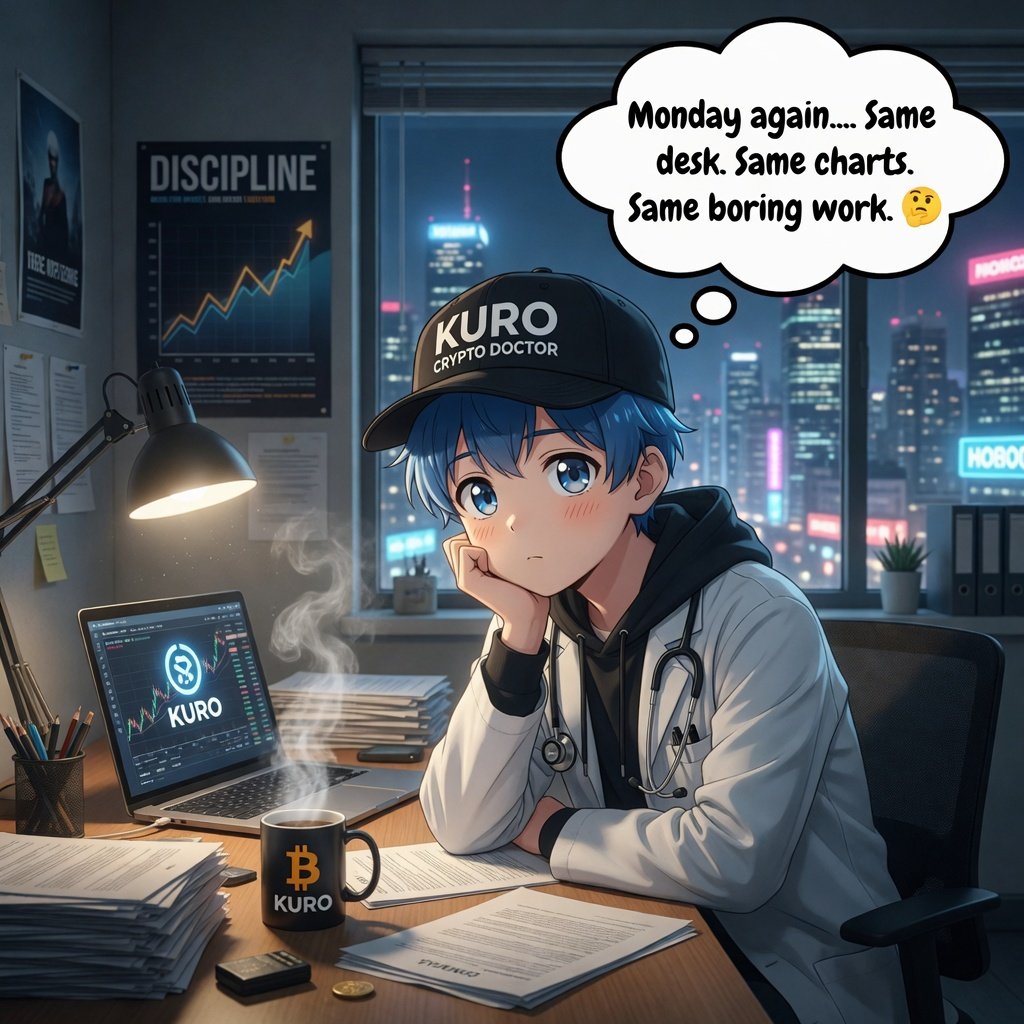 ShenFluxx's tweet photo. *Monday againโฆ Same desk. Same charts. Same boring work. ๐ฎโ๐จ*
But the dream isnโt boring. Coffeeโs hot, charts are up. Letโs diagnose this market. #CryptoDoctor #MondayMood #kuroart https://t.co/3ydO9ssFrs