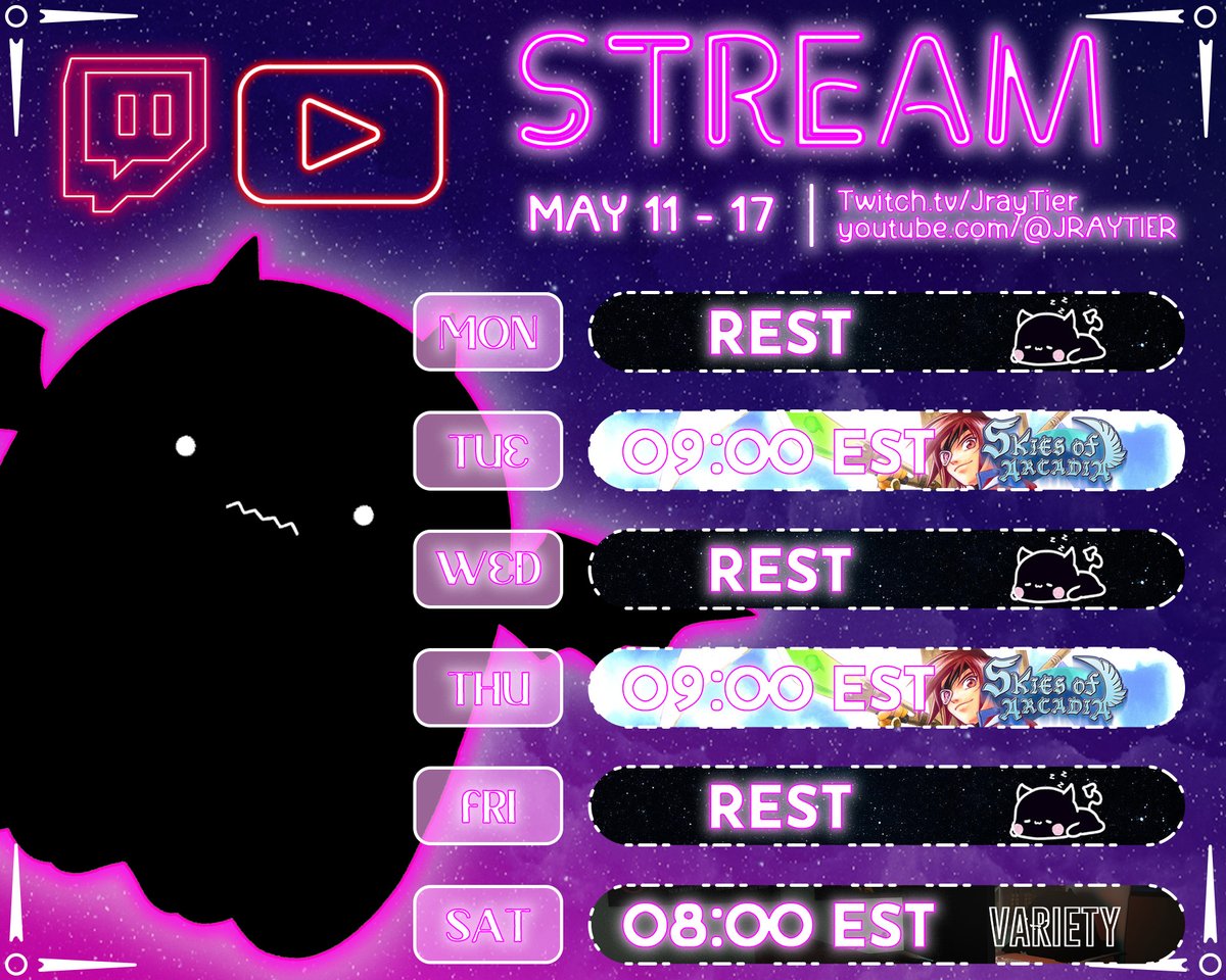 jraytier's tweet photo. Ok babes, Here's this week's stream schedule!!

#vtuber #streamer #gaming #retrogamers #envtuber https://t.co/kFc71LSTWW