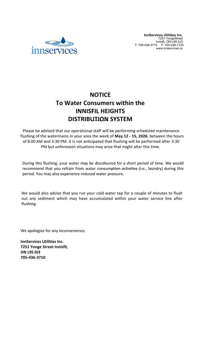 innservices_'s tweet photo. Watermain flushing is scheduled in Innisfil Heights from May 12 to 15.
This routine maintenance helps keep our drinking water clean and reliable.

Please see the notice for details or visit: https://t.co/lABSs2uojV https://t.co/ApMA44Cxf9
