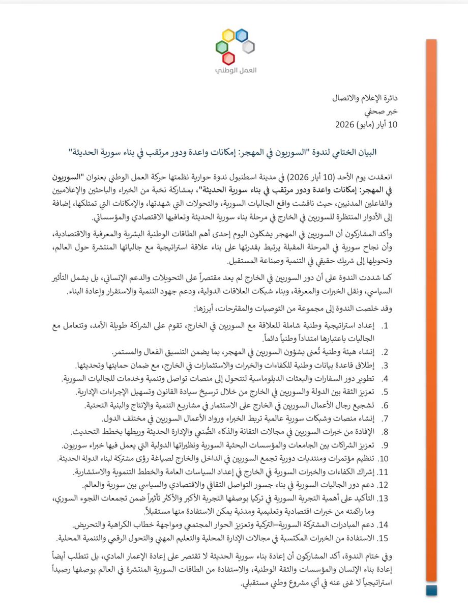 NAMS_SY's tweet photo. البيان الختامي لندوة "السوريون في المهجر: إمكانات واعدة ودور مرتقب في بناء سورية الحديثة"

انعقدت  الأحد (10 أيار 2026) في مدينة #اسطنبول ندوة حوارية نظمتها حركة العمل الوطني بعنوان "السوريون في المهجر: إمكانات واعدة ودور مرتقب في بناء سورية الحديثة"، بمشاركة نخبة من الخبراء والباحثين والإعلاميين والفاعلين المدنيين، حيث ناقشت واقع الجاليات السورية، والتحولات التي شهدتها، والإمكانات التي تمتلكها، إضافة إلى الأدوار المنتظرة للسوريين في الخارج في مرحلة بناء #سورية الحديثة وتعافيها الاقتصادي والمؤسساتي.
وأكد المشاركون أن السوريين في المهجر يشكلون اليوم إحدى أهم الطاقات الوطنية البشرية والمعرفية والاقتصادية، وأن نجاح سورية في المرحلة المقبلة يرتبط بقدرتها على بناء علاقة استراتيجية مع جالياتها المنتشرة حول العالم، وتحويلها إلى شريك حقيقي في التنمية وصناعة المستقبل.
كما شددت الندوة على أن دور السوريين في الخارج لم يعد مقتصراً على التحويلات والدعم الإنساني، بل يشمل التأثير السياسي، ونقل الخبرات والمعرفة، وبناء شبكات العلاقات الدولية، ودعم جهود التنمية والاستقرار وإعادة البناء.
وقد خلصت الندوة إلى مجموعة من التوصيات والمقترحات، أبرزها:
 1.⁠ ⁠إعداد استراتيجية وطنية شاملة للعلاقة مع السوريين في الخارج، تقوم على الشراكة طويلة الأمد، وتتعامل مع الجاليات باعتبارها امتداداً وطنياً دائماً.
 2.⁠ ⁠إنشاء هيئة وطنية تُعنى بشؤون السوريين في المهجر، بما يضمن التنسيق الفعال والمستمر.
 3.⁠ ⁠إطلاق قاعدة بيانات وطنية للكفاءات والخبرات والاستثمارات في الخارج، مع ضمان حمايتها وتحديثها.
 4.⁠ ⁠تطوير دور السفارات والبعثات الدبلوماسية لتتحول إلى منصات تواصل وتنمية وخدمات للجاليات السورية.
 5.⁠ ⁠تعزيز الثقة بين الدولة والسوريين في الخارج من خلال ترسيخ سيادة القانون وتسهيل الإجراءات الإدارية.
 6.⁠ ⁠تشجيع رجال الأعمال السوريين في الخارج على الاستثمار في مشاريع التنمية والإنتاج والبنية التحتية.
 7.⁠ ⁠إنشاء منصات وشبكات سورية عالمية تربط الخبراء ورواد الأعمال السوريين في مختلف الدول.
 8.⁠ ⁠الإفادة من خبرات السوريين في مجالات التقانة والذكاء الصُّنعي والإدارة الحديثة وربطها بخطط التحديث.
 9.⁠ ⁠تعزيز الشراكات بين #الجامعات والمؤسسات البحثية السورية ونظيراتها الدولية التي يعمل فيها خبراء سوريون.
10.⁠ ⁠تنظيم مؤتمرات ومنتديات دورية تجمع السوريين في الداخل والخارج لصياغة رؤى مشتركة لبناء الدولة الحديثة.
11.⁠ ⁠إشراك الكفاءات والخبرات السورية في الخارج في إعداد السياسات العامة والخطط التنموية والاستشارية.
12.⁠ ⁠دعم دور الجاليات السورية في بناء جسور التواصل الثقافي والاقتصادي والسياسي بين سورية والعالم.
13.⁠ ⁠التأكيد على أهمية التجربة السورية في تركيا بوصفها التجربة الأكبر والأكثر تأثيراً ضمن تجمعات اللجوء السوري، وما راكمته من خبرات اقتصادية وتعليمية ومدنية يمكن الاستفادة منها مستقبلاً.
14.⁠ ⁠دعم المبادرات المشتركة السورية - التركية، وتعزيز الحوار المجتمعي ومواجهة خطاب الكراهية والتحريض.
15.⁠ ⁠الاستفادة من الخبرات المكتسبة في مجالات الإدارة المحلية والتعليم المهني والتحول الرقمي والتنمية المحلية.
وفي ختام الندوة، أكد المشاركون أن إعادة بناء سورية الحديثة لا تقتصر على إعادة الإعمار المادي، بل تتطلب أيضاً إعادة بناء الإنسان والمؤسسات والثقة الوطنية، والاستفادة من الطاقات السورية المنتشرة في العالم بوصفها رصيداً استراتيجياً لا غنى عنه في أي مشروع وطني مستقبلي.
#حركة_العمل_الوطني