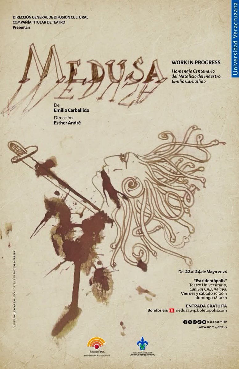I_Veracruz's tweet photo. 🐍🎭 Medusa vuelve a mirar desde el teatro.

La UV presenta MEDUSA, un work in progress en homenaje a Emilio Carballido, donde los monstruos también sienten, aman y cuestionan.

📍 Xalapa  
📆 22 al 24 de mayo  
🎟 Entrada gratuita

#Medusa #TeatroUV #EmilioCarballido #Xalapa https://t.co/Nn6XtrjeRv