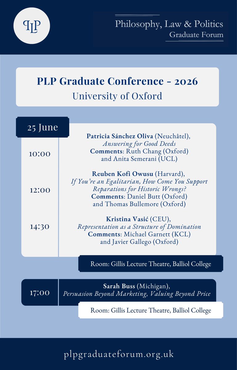ForumPlp's tweet photo. Here's the programme for the First PLP Graduate Conference! 
This is a two-day conference taking place in the University of Oxford on June 25 and 26, 2026. 

Please note that you'll need to register to attend. You can find the link to register in our webpage at /Conference https://t.co/nYdbYGRdoh