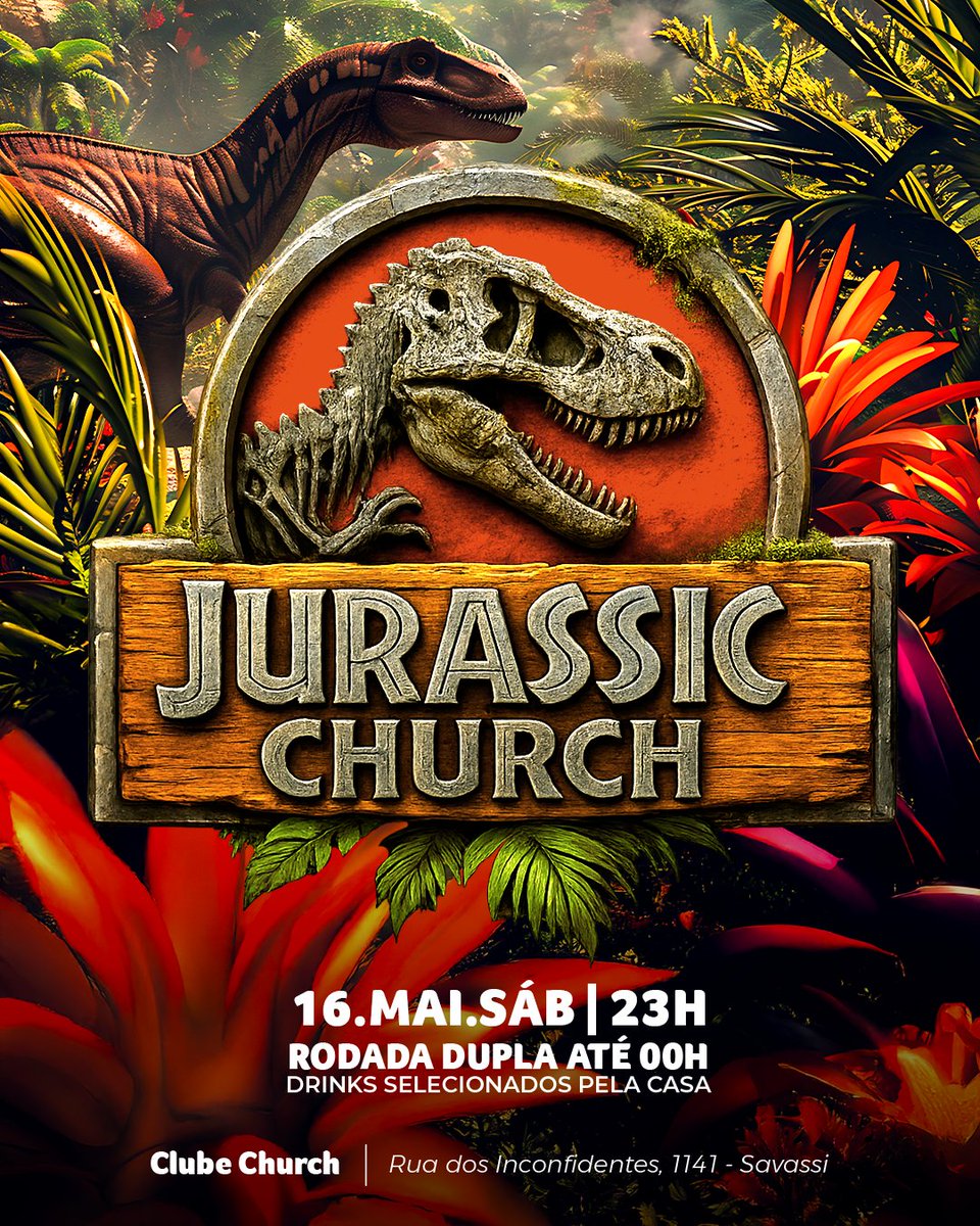 CSavassi's tweet photo. JURASSIC CHURCH
►Rodada dupla ATÉ 00H
*OS DRINKS DA RODADA DUPLA NÃO SEGUEM O CARDÁRIO
► Entrada OFF até 00h com ingresso retirado pelo Sympla  INGRESSO NOMINAL E INTRANSFERÍVEL
► Entrada garantida comprando antecipadamente pelo Sympla
https://t.co/n3NoQkn1Zb https://t.co/2A1uPhRIkH