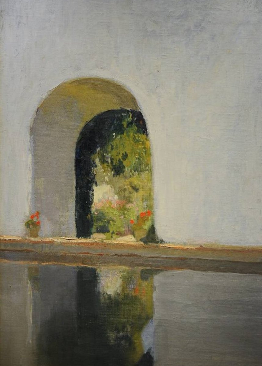 ahistoryinart's tweet photo. In 1908, Sorolla travelled to Seville to paint the gardens of Real Alcázar. The palace, one of the greatest surviving examples of Mudéjar architecture on the Iberian Peninsula, was designed in a style inspired by Moorish taste and workmanship. This is one of the garden's ponds. https://t.co/34648MW2eu