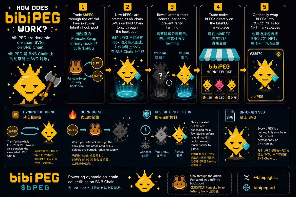 bibiPEGbsc's tweet photo. How does bibiPEG work?
https://t.co/w8lx5vhuOw $bPEG through the official PancakeSwap Infinity hook pool
https://t.co/Da3ndfJhto bPEGs are created as on-chain SVG objects
3.Reveal your bPEG after it matures
https://t.co/HO4mMH4k4f native bPEGs directly on the bibiPEG marketplace
5.Or wrap them into ERC-721 NFTs for NFT marketplaces

Native on-chain objects. Optional NFT wrapper.

https://t.co/Vrj4IPoekP

0x9435EC948649E686728E0be0ab52349B2afa9A60
