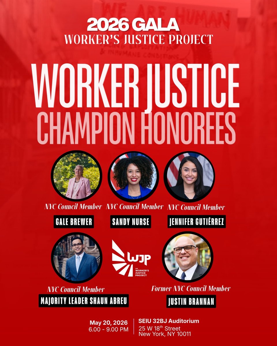 workersjusticep's tweet photo. We’re excited to announce the 2026 @workersjusticep Gala Workers Justice Champion Honorees: CM @CMShaunAbreu, CM Sandy Nurse, CM @CMJenGutierrez, CM @GaleBrewerNYC &amp; former CM @JustinBrannan.

Their leadership delivered historic labor protections for 80K app delivery workers. ✊🏽 https://t.co/SNzMaHSSXi