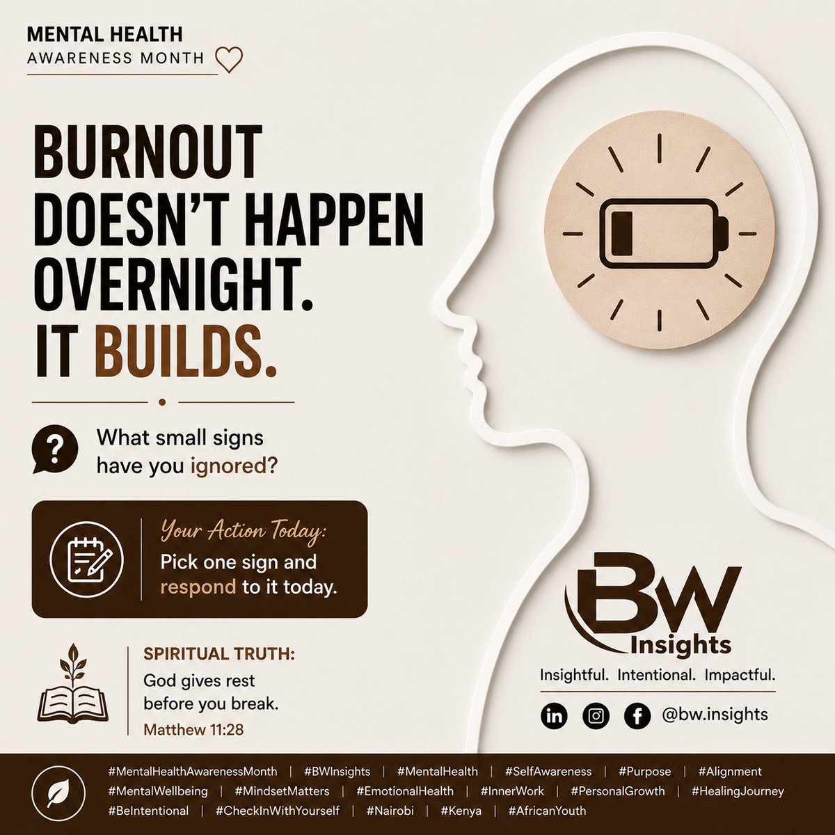 BenWracle's tweet photo. #MentalHealthAwarenessMonth #BWInsights #MentalHealth #SelfAwareness #MentalWellbeing  
#BurnoutAwareness #BurnoutRecovery #EmotionalHealth #InnerWork #MindsetMatters  
#CheckInWithYourself #HealingJourney #PersonalGrowth #BeIntentional #ProtectYourPeace  
#RestAndRecharge https://t.co/gu7AFvPcdx