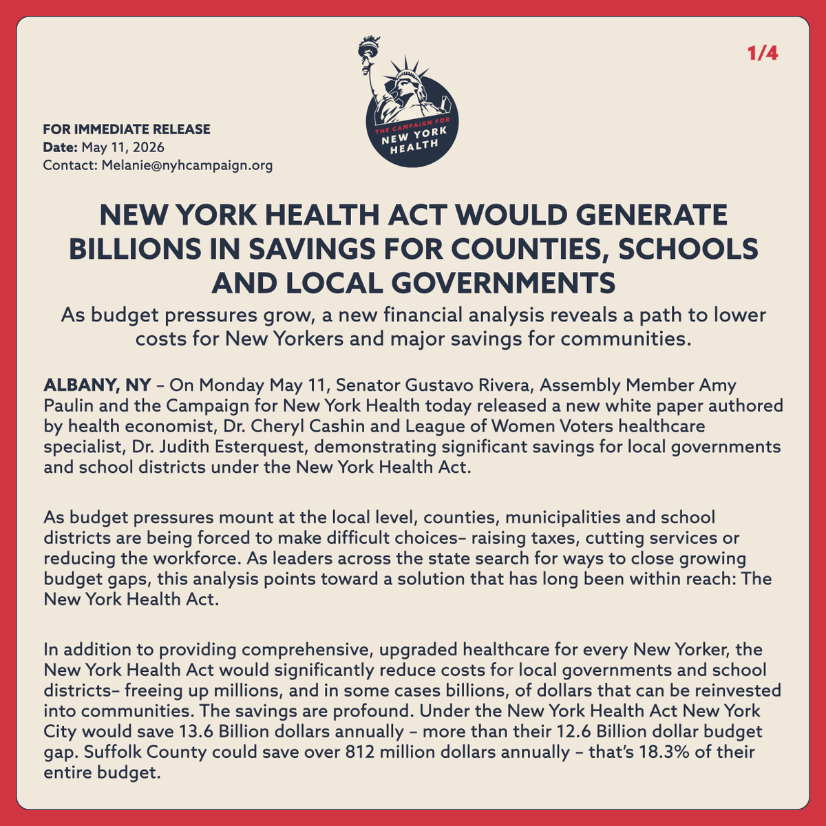 NYHCampaign's tweet photo. 🚨 NEW YORK HEALTH ACT WOULD GENERATE BILLIONS IN SAVINGS FOR COUNTIES, SCHOOLS AND LOCAL GOVERNMENTS

As budget pressures grow, a new financial analysis reveals a path to lower costs for New Yorkers and major savings for communities.
https://t.co/EgR8CGclBp
🧵🔽 https://t.co/Wlvsyd9eTw