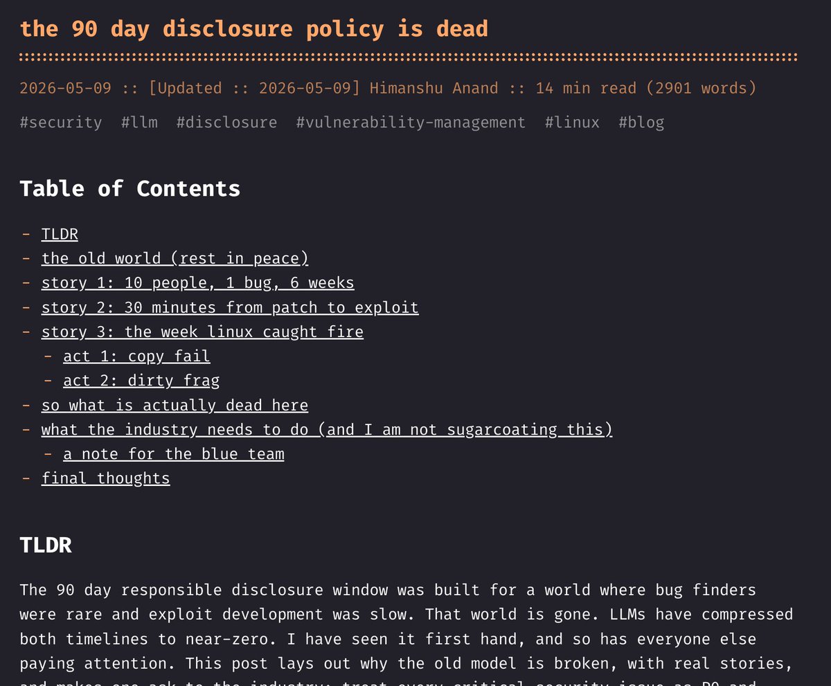 La ciberseguridad como la conocíamos pre "inteligencia artificial 2025-2026" ha muerto.

El modelo clásico de "divulgación responsable a 90 días" fue diseñado para un mundo donde encontrar bugs era difícil y desarrollar exploits era lento. Los LLMs han colapsado ambos tiempos a