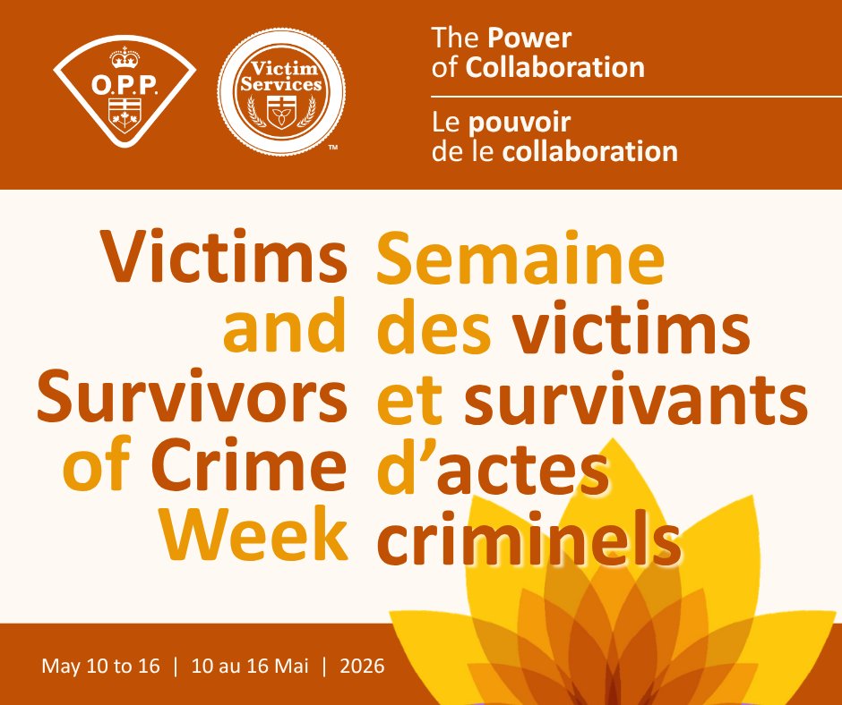 OPP_CR's tweet photo. During Victims and Survivors of Crime Week (May 10–16, 2026), #CentralRegionOPP recognizes the strength and resilience of victims and survivors, and the professionals and volunteers who support them. Across Ontario, the OPP works closely with Victim Services and community partners to provide timely, trauma informed support during life’s most difficult moments. 
This week also highlights the importance of collaboration and a shared commitment to victim-centered policing and community safety.

On May 14, 2026, the OPP alongside Victim Service community partners, will recognize individuals whose contributions and commitment have positively impacted communities throughout the region. This event provides an opportunity to recognize Victim Services workers, OPP members, and dedicated community members and organizations who have gone above and beyond in supporting victims and strengthening our communities.
Learn more about victim supports in your community at https://t.co/MVH8zDG3kv .

More information about #VictimsAndSurvivorsOfCrimeWeek available at: https://t.co/bN1TBVFlpk

#VictimServices #BeacuseIReachedOut

#BracebridgeOPP #CaledonOPP #CityofKawarthaLakesOPP #CollingwooddOPP #DufferinOPP #HaliburtonHighlandsOPP #HuntsvilleOPP #HuroniaWestOPP #NorthumberlandOPP #NotttawasagaOPP #OrilliaOPP #PeterboroughOPP #SouthernGeorgianBayOPP ^at