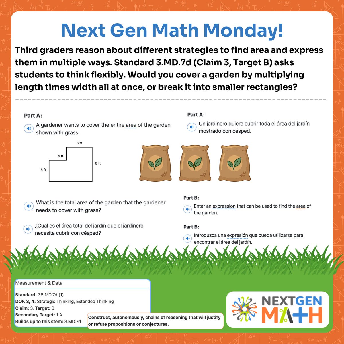 next_gen_math's tweet photo. Standard 3. MD. 7d asks students to construct expressions that represent the same space. 

What different strategies are your 3rd graders discovering to find area?

 @SanDiegoUnified @FresnoUnified https://t.co/kmQPYkWd3q
