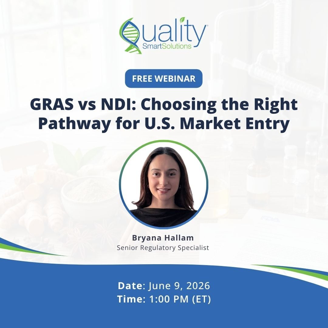 qualitysmart's tweet photo. GRAS or NDI? The pathway you choose shapes your entire U.S. market entry timeline.

Join QSS's Bryana Hallam on June 9 at 1:00 PM ET to break down both options and how to choose the right one. 🔬

Reserve your spot: https://t.co/M5lTOcFTpV 🔗

#FDACompliance #RegulatoryAffairs https://t.co/dg4jkNPfKR