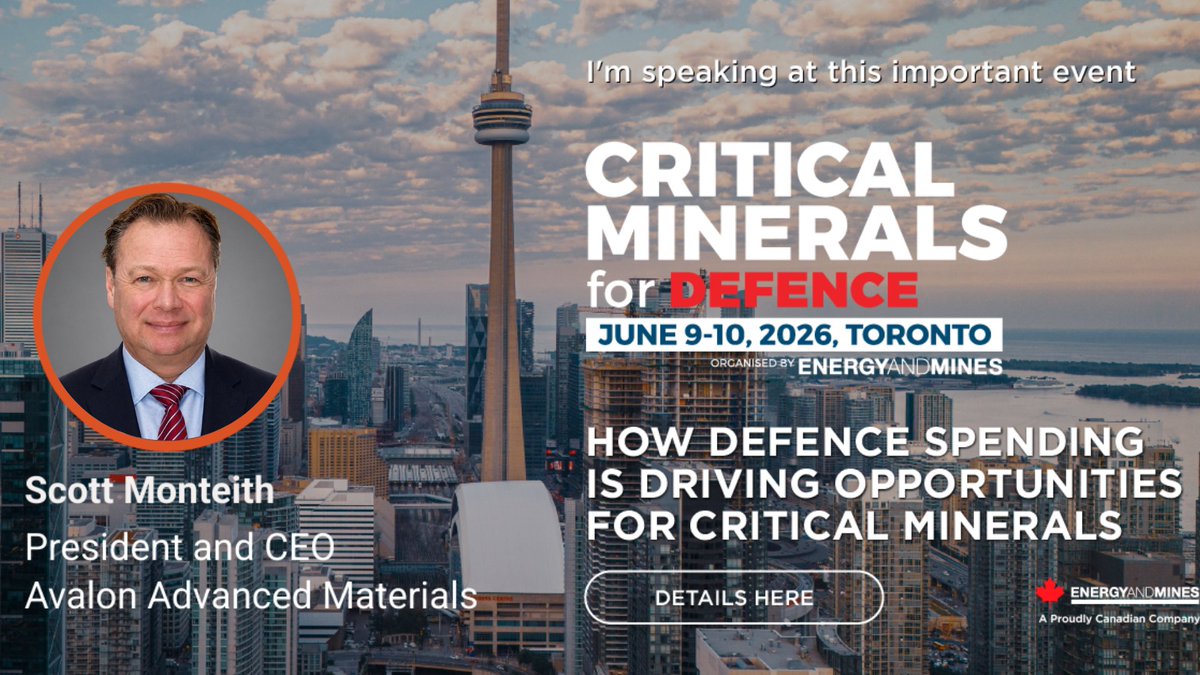 AvalonAdvanced's tweet photo. Avalon is pleased to share that President & CEO Scott Monteith will be speaking at the Critical Minerals for Defence conference taking place June 9–10 in Toronto.

The conference will unite global mining leaders, investors, government officials, and defence stakeholders to drive strategic discussion on the role of critical minerals in strengthening secure, resilient, and allied supply chains essential to economic security, industrial competitiveness, and national security.

For more information: https://t.co/AR2lnRSWxV