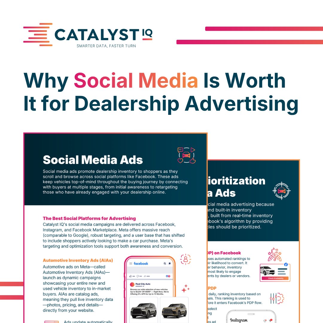 CatalystIQTeam's tweet photo. As social continues to influence purchase decisions, how inventory is selected and presented matters more than ever. Our blog explores how using market data to guide vehicle prioritization can help social ads align more closely with real shopper behavior. https://t.co/8xsUkkJWJR https://t.co/dEcr58kzFJ