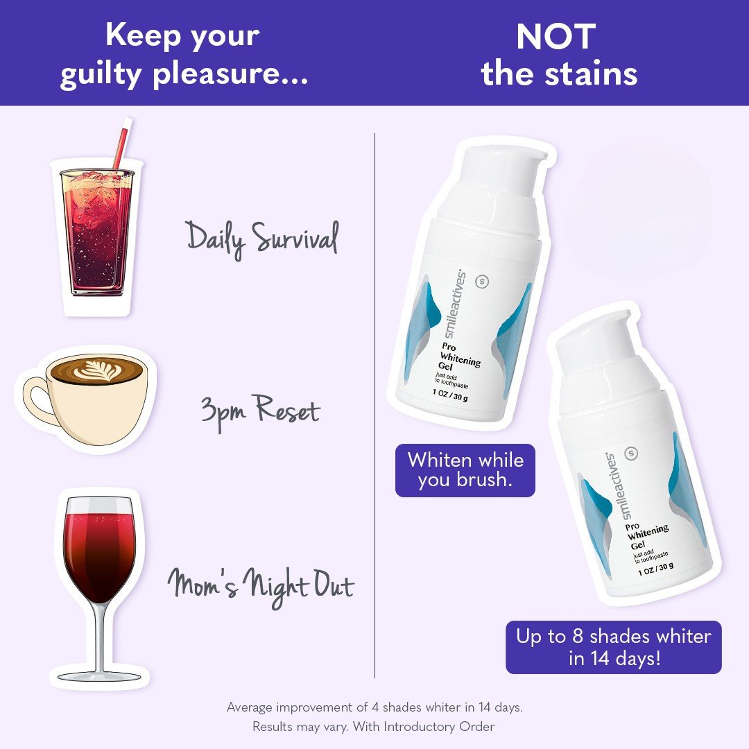 Smileactives's tweet photo. Keep your guilty pleasures and lose the stains 🍷☕ 

Our Pro Whitening Gel targets coffee and wine discoloration while you brush, so you never have to choose. 

Ready to ditch the stains without giving up your favorite drink? 😊 https://t.co/lqX6lLonOK