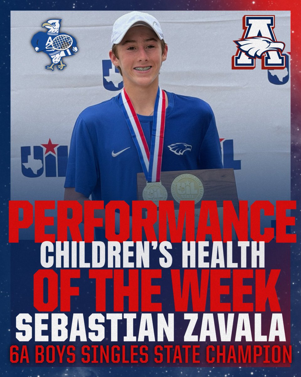 AllenEaglesAth's tweet photo. Our Children’s Health Performers of the Week last week @EaglesBattle freshman Sebastian Zavala! He won the 6A Boys Singles Tennis State Championship!! @childrens @Allen_ISD @AllenHS_Eagles https://t.co/pqGvC4CW7t