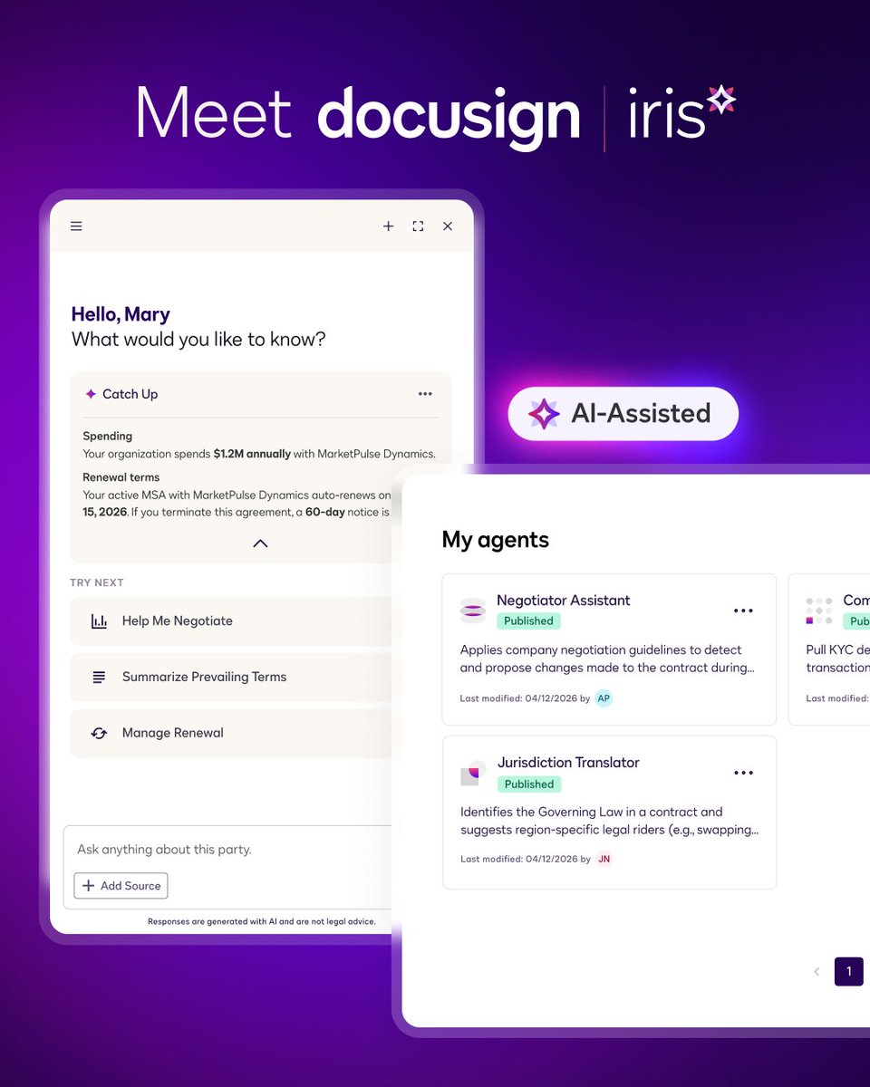 Docusign's tweet photo. Meet Docusign’s new AI assistant + agents 💪 — built on IAM to triage, review, and move agreements from redlines → approvals → closing. Plus, integrations with Harvey, Legora, and CoCounsel Legal by Thomson Reuters. https://t.co/CAS3AMnIsy https://t.co/BQXvh2QG1C