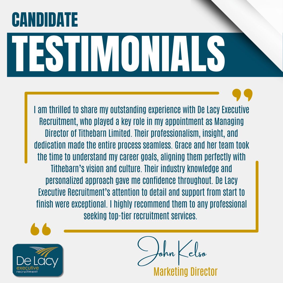 DeLacyExecutive's tweet photo. Is your business looking to secure top-tier talent?

In the testimonial below, John Kelso, Managing Director of Tithebarn Limited, shares how De Lacy Executive Recruitment delivered a seamless and highly professional recruitment experience, aligning his career goals with the right leadership opportunity through expert insight, industry knowledge, and dedicated support from start to finish. ⤵️

#Hiring