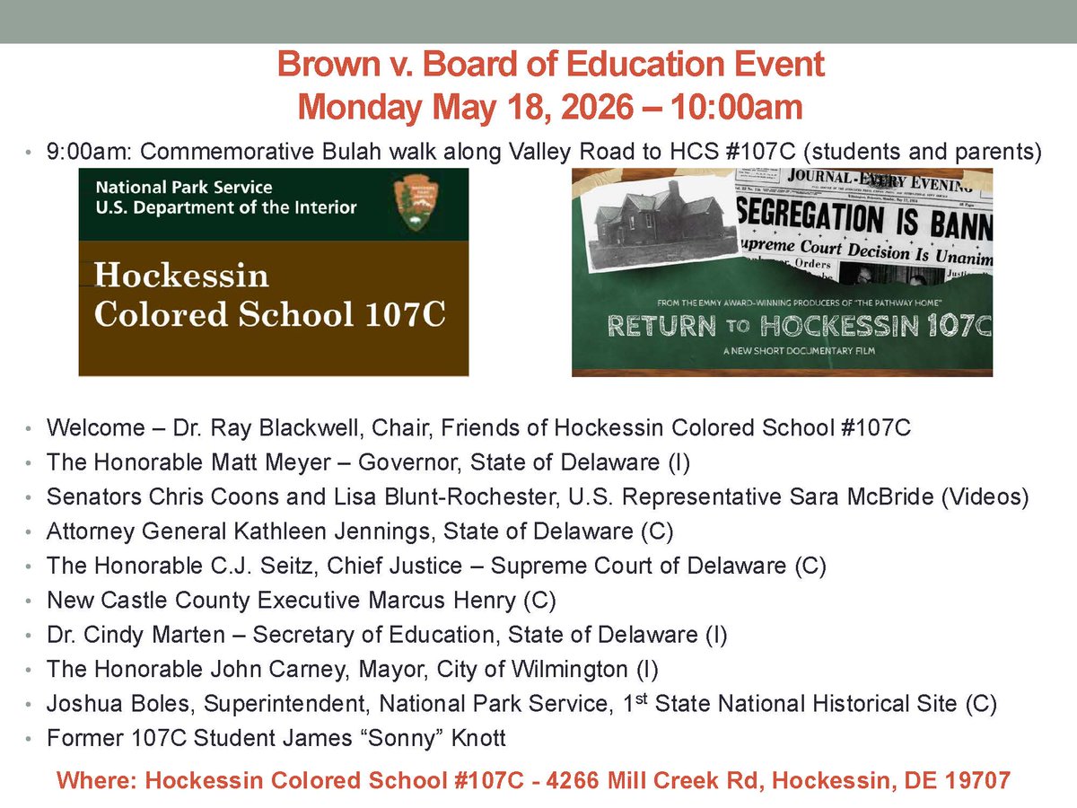 BRVB_NHP's tweet photo. The walk will begin at 9 am, with programming at Hockessin Colored School #107C to begin at 10 am. Speakers include Governor Matt Meyer, Senators Chris Coons and Lisa Blunt-Rochester, Representative Sara McBride, and more!

Located at 4266 Mill Creek Rd, Hockessin, DE 19707. https://t.co/2RCJt47niE
