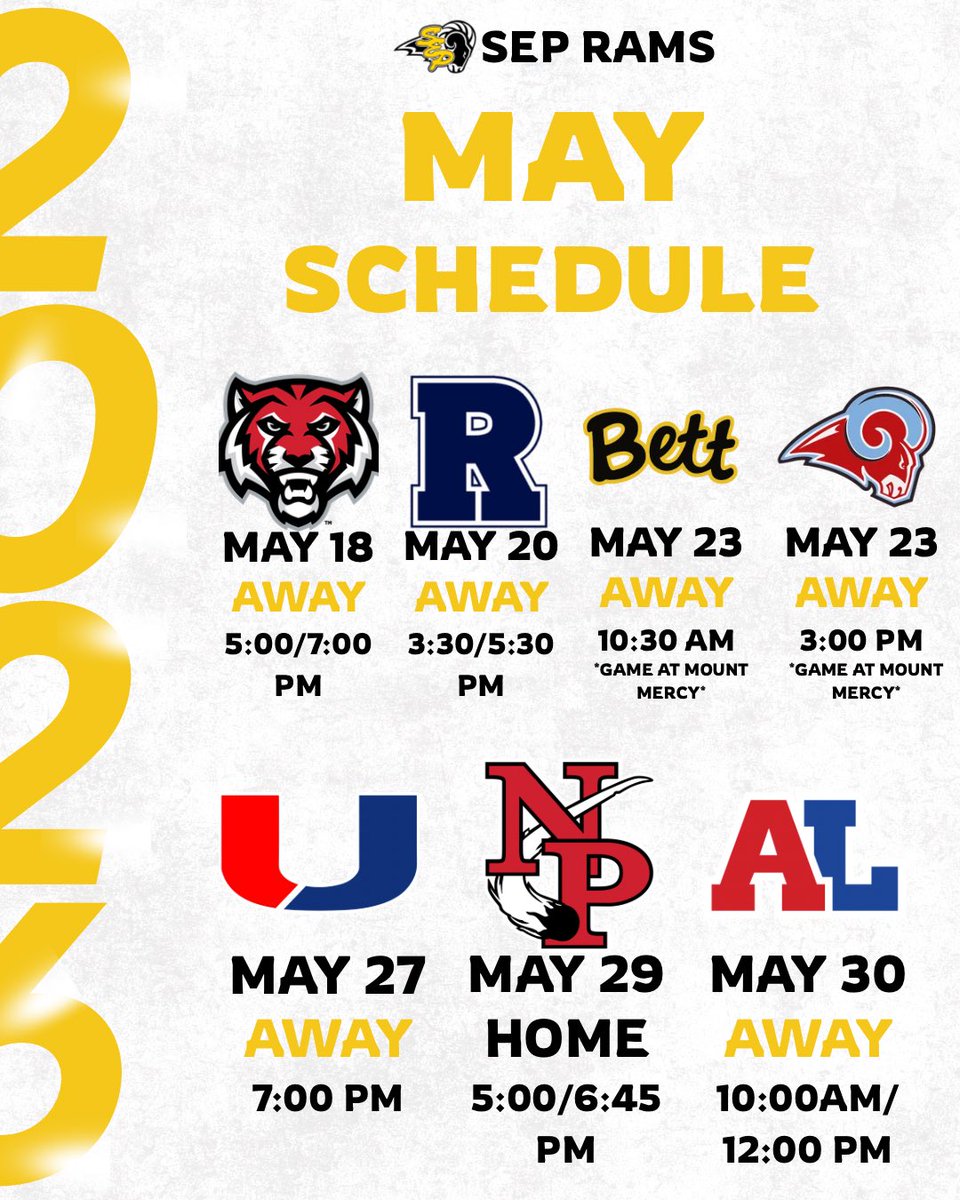 BaseballSEP's tweet photo. Just one week until first pitch! Here’s the Varsity schedule for the month of May! 

#processoveroutcome https://t.co/yST0EygndN