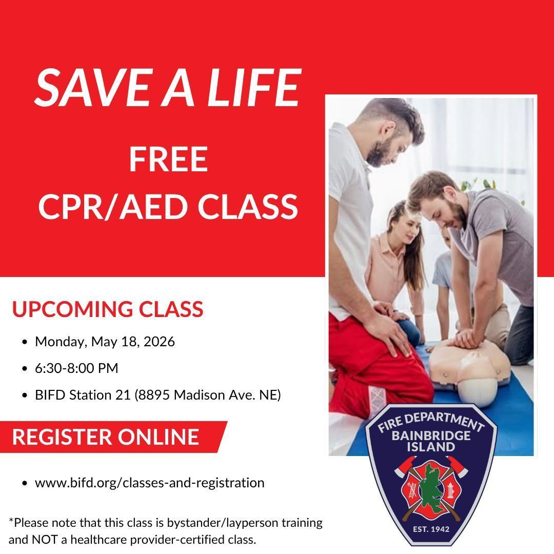 bainbridgefire's tweet photo. 🚨 A few spots are still open for our FREE CPR/AED class on May 18 from 6:30-8:00 PM! 🚨

Learn lifesaving skills with hands-on training in bystander CPR and how to properly use an AED. 

👉 Sign up here: https://t.co/SNr1Cr8q76 https://t.co/d97uJ7th0L