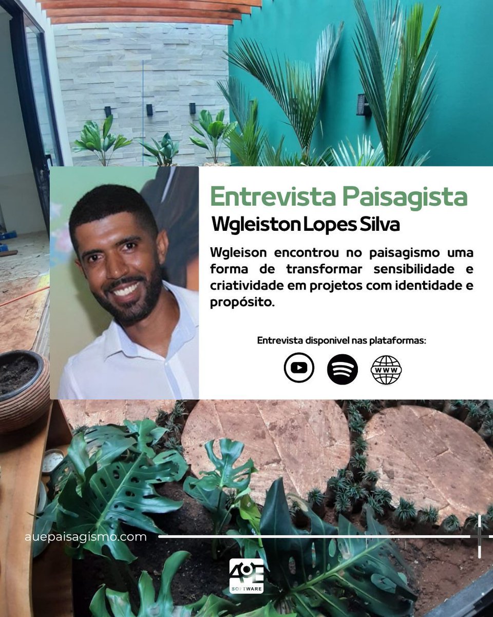 AuE_Software's tweet photo. Cada projeto carrega uma história  e a de Wgleison é construída com sensibilidade, técnica e paixão pelo paisagismo. 🌿
Nesta entrevista, ele compartilha sua trajetória profissional, e sua visão sobre criar espaços que unem natureza. 

#Paisagismo #AuEPaisagismo #Paisagista https://t.co/IfIHxzmVrs
