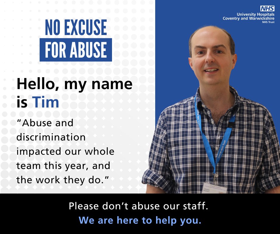 nhsuhcw's tweet photo. Tim’s story is sadly one of many.
No one should come to work and face abuse.
 
Through our No Excuse For Abuse campaign, colleagues like Tim are speaking out to help create a safer, more respectful environment for everyone 💙
#NoExcuseForAbuse #StaffDeserveSafety https://t.co/6NblwzuWcg