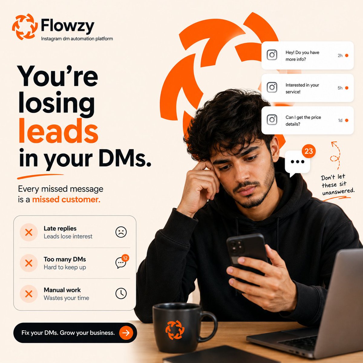 MeshramLuis's tweet photo. You’re probably losing leads in your Instagram DMs.

Late replies.
Missed messages.
Manual follow-ups.
That’s lost revenue.
Flowzy helps businesses automate Instagram DMs, capture leads instantly, and turn conversations into customers. https://t.co/rrX7yuld33