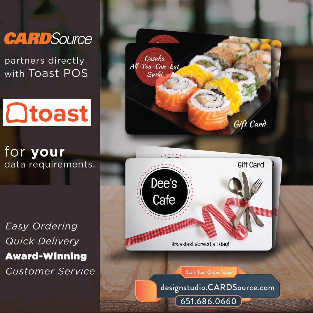CARDSourceMN's tweet photo. Is your #ToastPOS ready for #CustomGiftCards? We’ve got you covered.

Create branded gift cards compatible with your Toast POS, designed to fit your system, your business, and your brand.

Ready to get started? Visit the link in the reply to begin your order. https://t.co/1oZlUVy5t8
