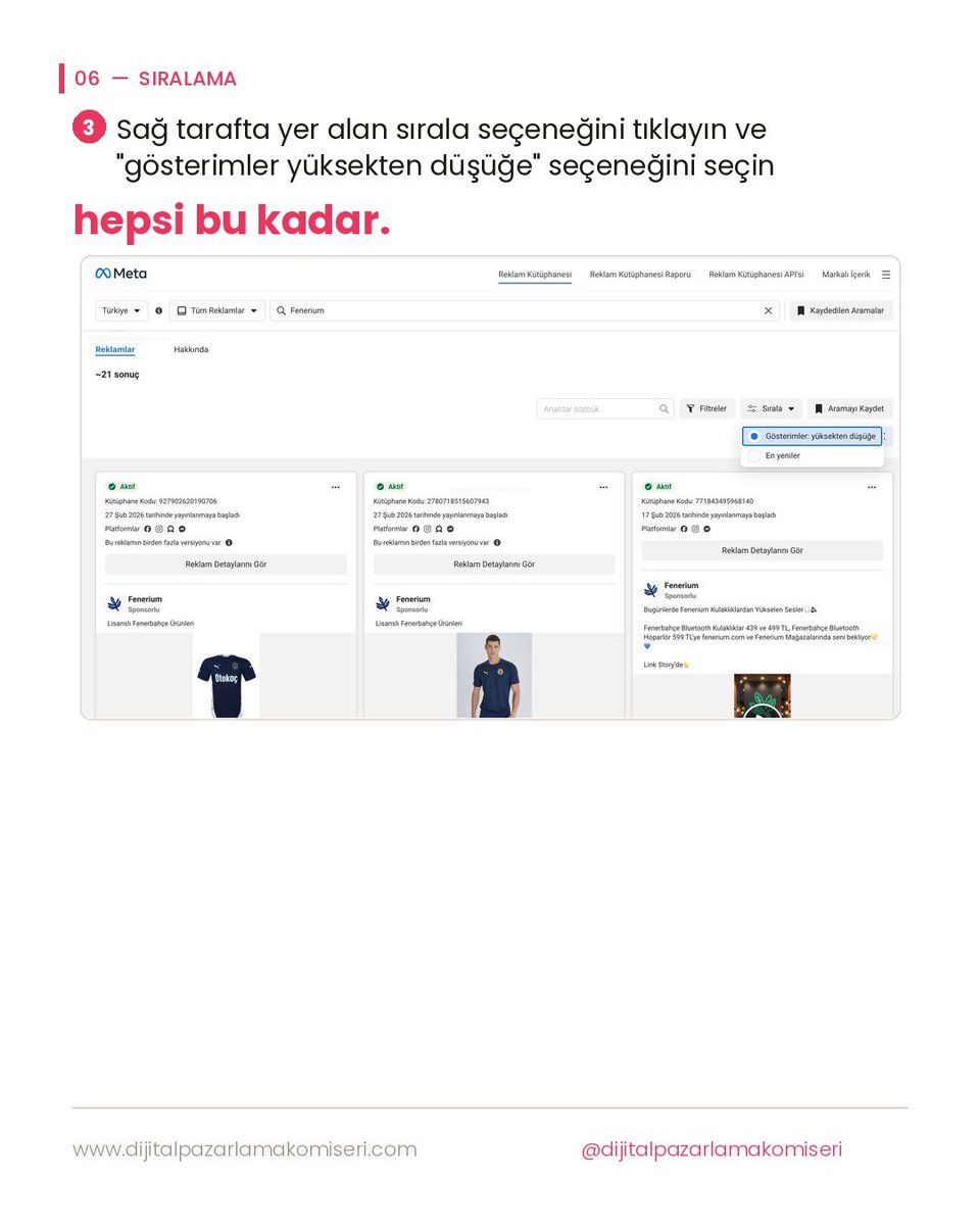 dpkomiseri's tweet photo. RAKİBİNİZİN; INSTAGRAM'DA EN İYİ SONUÇ ALDIĞI REKLAMLARI GÖRMENİN YENİ YOLU!
Kimse bunu  bilmiyor. 

Meta reklam kütüphanesine yeni bir özellik geldi. Bu yeni gelen özellik ile; artık rakibinizin aktif reklamlarını '' gösterime ''  göre sıralayabiliyorsunuz. Bu ne demek?

En fazla gösterim alan reklamları görebileceksiniz demek. En fazla gösterim alan reklamlar en fazla bütçe harcanan reklamlardır. Bu sayede; rakiplerinizin en iyi çalışan reklam metinlerini, en iyi çalışan reklam kreatiflerini , en iyi çalışan kampanya tekliflerini, en çok bütçe harcanan reklamlarını, en çok satan ürünlerini  anlayabileceksiniz demek. 

1 ) Meta reklam kütüphanesine girin
2 ) Arama kısmına rakibinizin kullanıcı adını yazın
3 ) Sağ tarafta yer alan sırala seçeneğini  tıklayın ve '' gösterimler yüksekten düşüğe '' seçeneğini seçin hepsi bu kadar. 

Bu gelişmeyi; reklamveren bir işletme ya da tanıdığın ile paylaşmayı unutma.