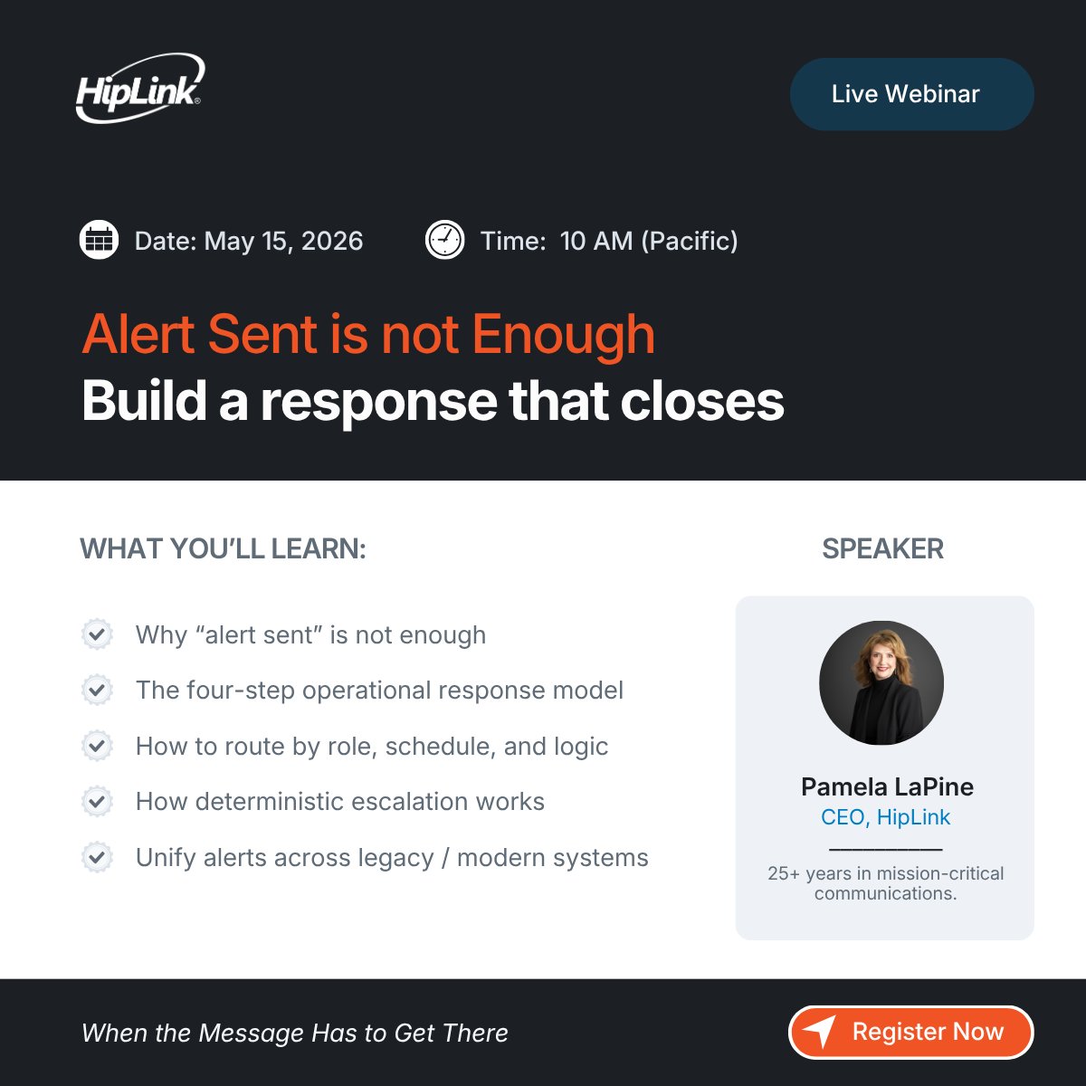 HipLink's tweet photo. Join us for an interactive session on May 15, 10 AM.

Our CEO will outline a practical framework for closing the gap between 'alert received' and 'action taken'.

Register → https://t.co/DtNafmEdMD

#Webinar #healthcare #publicsafety #hiplink #tech https://t.co/u0TlWrDHs4