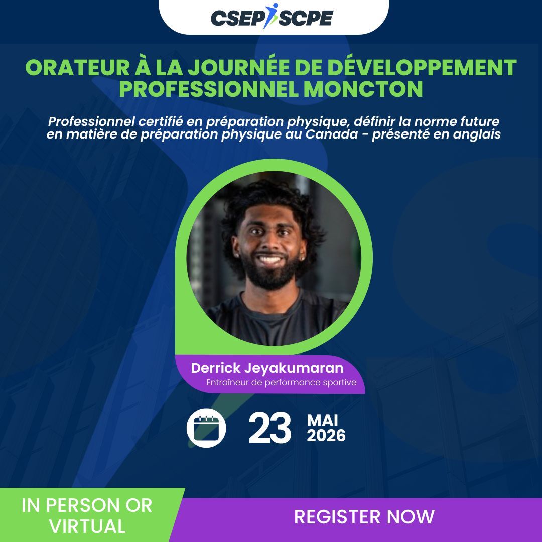 csep_scpe's tweet photo. CSEP PD Day: Moncton & Virtual

The Canadian Society for Exercise Physiology (CSEP) is heading to Moncton, and we want YOU there, either in person or from the comfort of your home!

We are thrilled to announce the second speaker in our highly anticipated Guest Speaker Series: Derrick Jeyakumaran!

Derrick brings a wealth of expertise to the stage, and you won’t want to miss his insights on the latest in exercise science and professional practice. Whether you’re looking to sharpen your skills, earn your 15 CSEP PDCs, or network with the best in the Maritimes, this is the event of the season.

📅 Event Details
Date: Saturday, May 23, 2026

Time: 9:00 AM – 3:00 PM ADT

Format: Hybrid (In-person in Moncton OR Virtual via Zoom)

Credits: Earn 15 CSEP Professional Development Credits (PDCs)

🔗 Register Now!
Spaces for the in-person session in Moncton are limited. Secure your spot today and stay ahead of the curve in the Gold Standard of exercise science.

👉 https://t.co/bsR4utzhMx
______________________________________________________
Journée de perfectionnement de la CSEP : Moncton et en ligne

La Société canadienne de physiologie de l'exercice (CSEP) se rend à Moncton, et nous voulons que VOUS soyez des nôtres, que ce soit en personne ou depuis le confort de votre domicile !

Nous sommes ravis d’annoncer le deuxième conférencier de notre très attendue série de conférences : Derrick Jeyakumaran !

Derrick apporte une grande expertise sur scène, et vous ne voudrez pas manquer ses réflexions sur les dernières avancées en sciences de l’exercice et en pratique professionnelle. Que vous cherchiez à perfectionner vos compétences, à obtenir vos 15 crédits de formation continue de la CSEP ou à réseauter avec les meilleurs des Maritimes, c’est l’événement de la saison.

📅 Détails de l'événement
Date : samedi 23 mai 2026

Heure : 9 h 00 – 15 h 00 (heure avancée de l'Atlantique)

Format : hybride (en présentiel à Moncton OU en ligne via Zoom)

Crédits : obtenez 15 crédits de développement professionnel (PDC) du CSEP

🔗 Inscrivez-vous dès maintenant !
Les places pour la session en présentiel à Moncton sont limitées. Réservez votre place dès aujourd’hui et gardez une longueur d’avance dans la référence absolue en matière de sciences de l’exercice.

👉 https://t.co/11dorqwJbU
#CSEP #ExercisePhysiology #MonctonEvents #Kinesiology #FitnessProfessional #ProfessionalDevelopment #CSEPCEP #CSEPCPT #GoldStandard