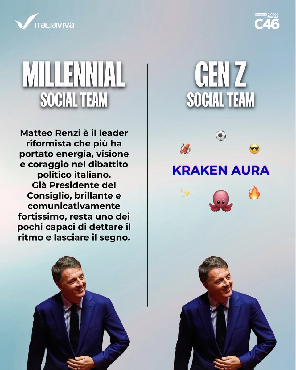 ItaliaViva's tweet photo. Team Millennial o Gen Z? Diccelo nei commenti 👇🏻
Noi rimaniamo sempre team @matteorenzi 🐙 https://t.co/mp0uBmzALw